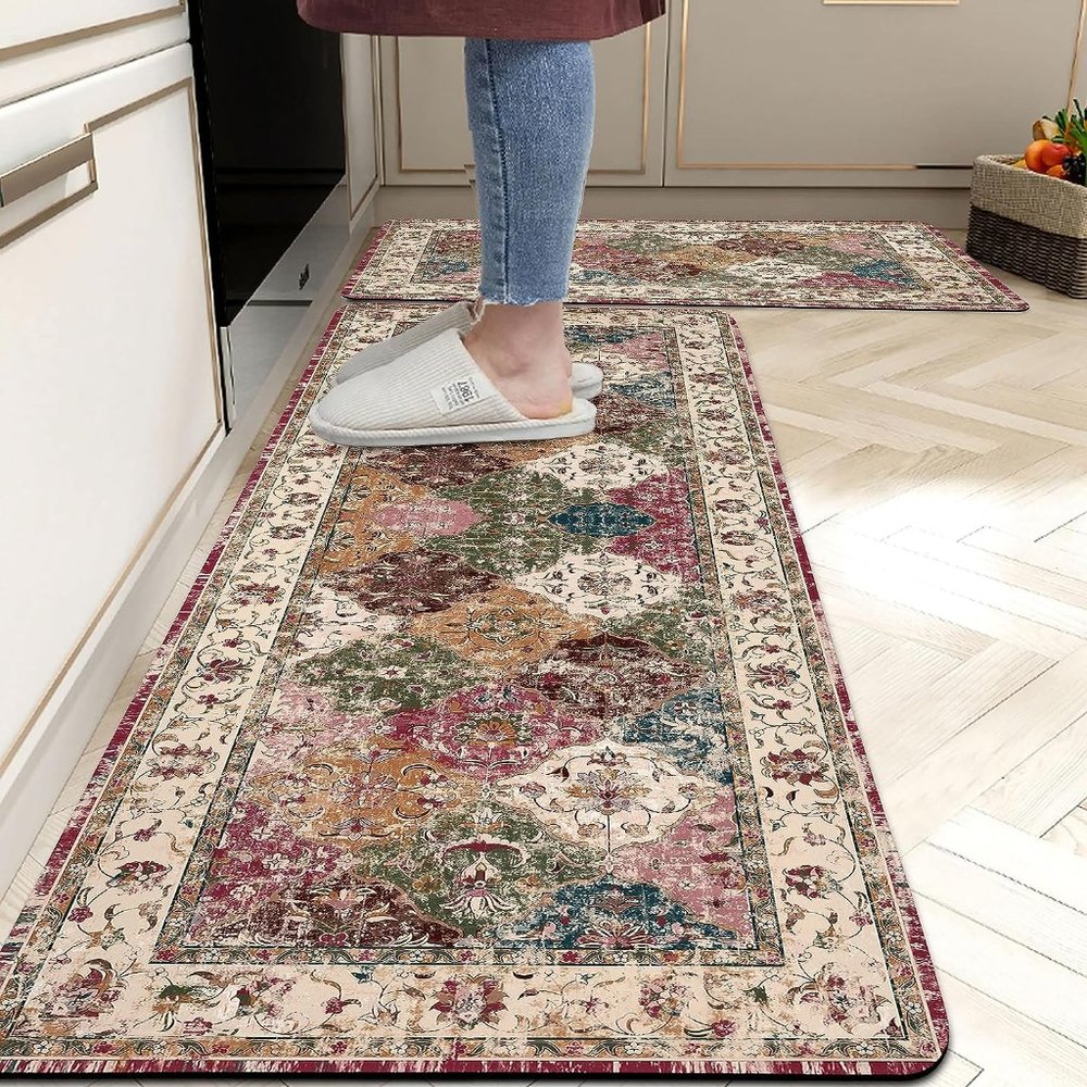 Home Set of 2 Boho Style Polyvinyl Chloride Kitchen Rugs and mats